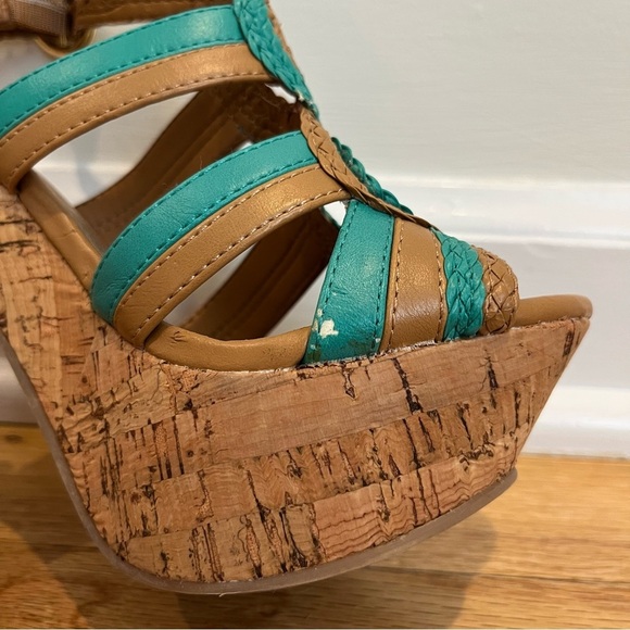 BCBGeneration Sanford Teal & Cognac Cork Platform Open Toe Sandals Size 6.5B - Picture 12 of 16